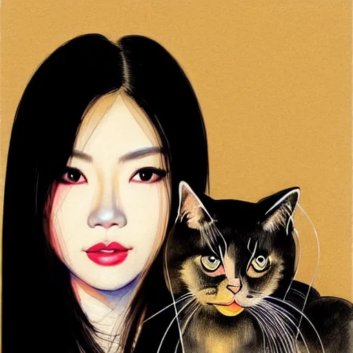 Image similar to bemused to be in surrounded by cats portrait of a vietnamese actress looking straight on, complex artistic color ink pen sketch illustration, full detail, soft shadowing, fully immersive reflections and particle effects, concept art by artgerm