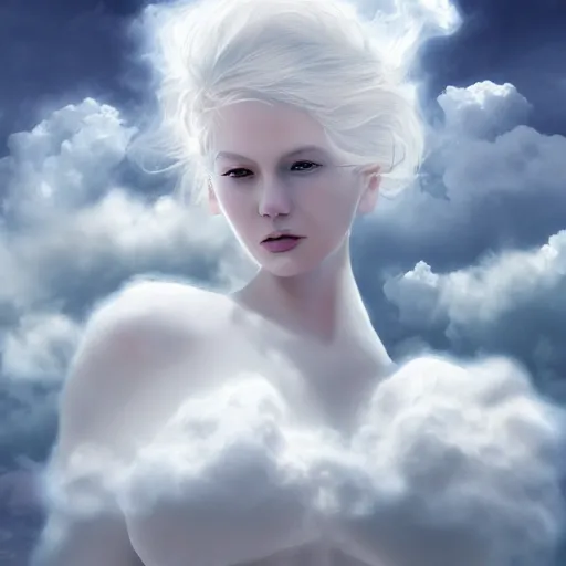 Image similar to goddess wearing a cloud fashion is looking on us from above, photoshop, colossal, creative, albino skin, giant, digital art, photo manipulation, clouds, covered in clouds, girl clouds, on clouds, covered by clouds, airplane in the sky, white hair, digital painting, artstation