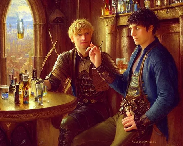 Image similar to attractive arthur pendragon and attractive merlin go to a pub together to have some drinks. highly detailed painting by gaston bussiere, craig mullins, j. c. leyendecker 8 k