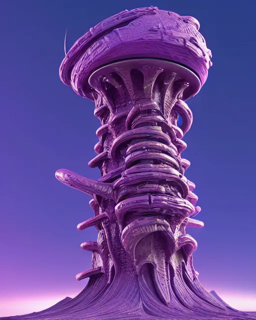 Image similar to detailed painting giant alien tower carved out of complex bone with royal purple quartz rendered in cinema 4 d octane