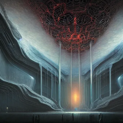 Image similar to inside epic futuristic structure by raymond swanland and zdzisław beksinski, highly detailed