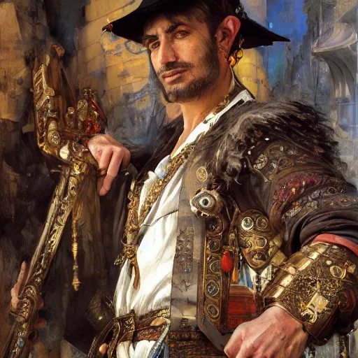 Image similar to highly detailed portrait of a handsome, wealthy kurdish merchant d & d. art by donato giancola, eugene delacroix, ruan jia, carl larsson, peter mohrbacher. trending on artstation, intricate details, energetic composition, fantasy, concept art, illustration, elegant art, global illuminaition