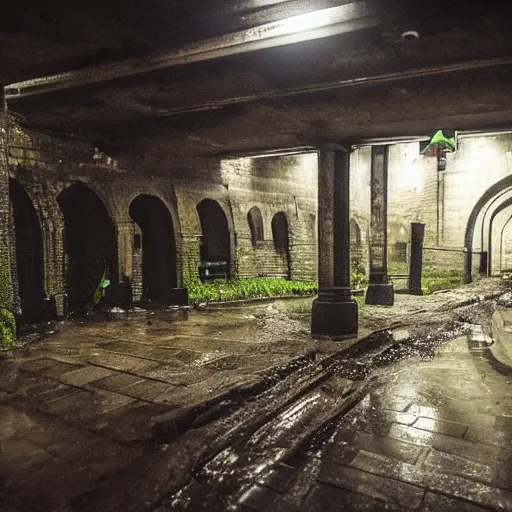 Prompt: down in the sewers of london, dark damp atmosphere, water dripping from the moss covered ceiling