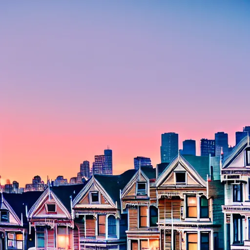 Prompt: a photograph of the painted ladies in san francisco at sunset with bokeh effect high definition