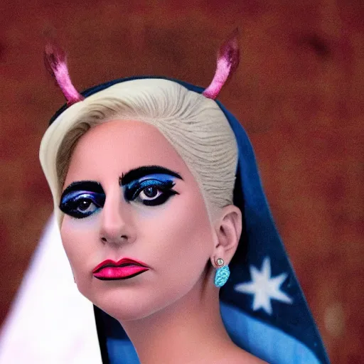 Prompt: Lady Gaga as Evita, president of Argentina, Argentina flag behind, bokeh, detailed, hd, as Cristina Kirchner