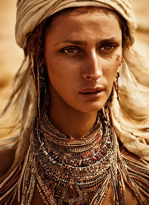 Image similar to portrait of a stunningly beautiful middle eastern tribal female, depth of field, zeiss lens, detailed, symmetrical, centered, fashion photoshoot, by Annie Leibovitz and Steve McCurry, David Lazar, Jimmy Nelsson, Breathtaking, 8k resolution, extremely detailed, beautiful, establishing shot, artistic, hyperrealistic, beautiful face, octane render