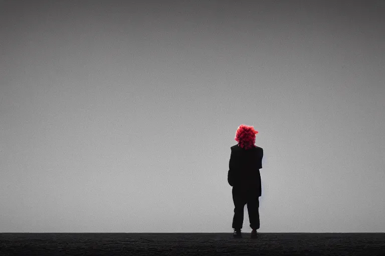 Image similar to photo of a clown staring at a distant crowd, isolated, depressing, moody, nostalgic, dramatic, 8 k uhd