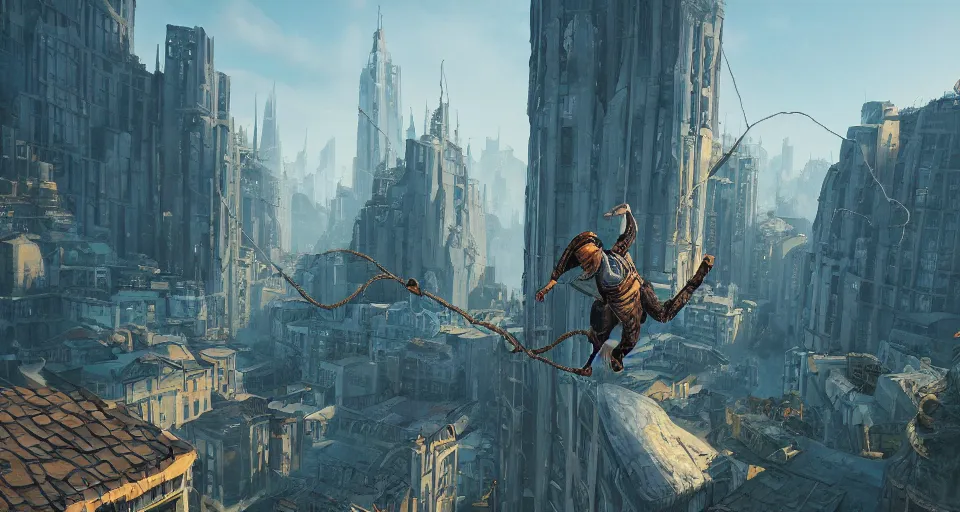 Prompt: an epic fantasy comic book style landscape painting of a hooded thief using a rope to climb a tall building with a fantasy city, unreal 5, daz, hyperrealistic, octane render, dynamic lighting