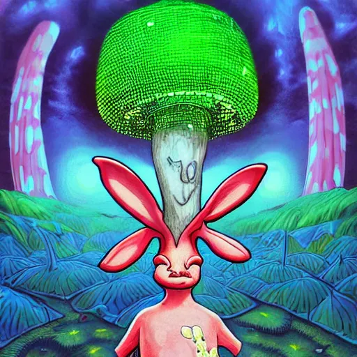 Image similar to 4 k headshot portrait of a psychedelic demonic anthropomorphic bunny rabbit with mushroom themed clothes, magic mushroom village in background by jeff easley, award winning, stylized neon, post - processing, masterpiece, superb resolution. in the art style of junji ito and greg rutkowski. detailed mushroom city in background. hyper realistic anime. perfect art. dalle 2