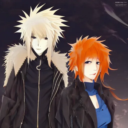 Image similar to orange - haired anime boy, 1 7 - year - old anime boy with wild spiky hair + 1 7 - year - old pale - skinned persian girl with black hair long bob cut, long bangs, black gothic jacket, ultra - realistic, sharp details, subsurface scattering, blue sunshine, intricate details, hd anime, 2 0 1 9 anime