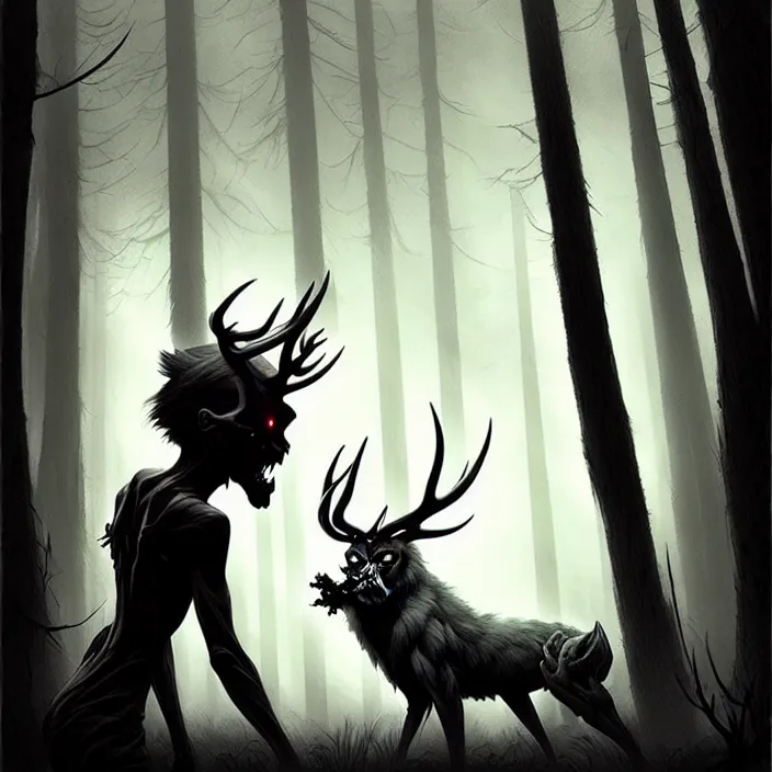 Prompt: style artgerm, joshua middleton, tim jacobus, scary wendigo with antlers and skull face mixed with werewolf, in the forest, detailed, dark and foggy, cinematic lighting