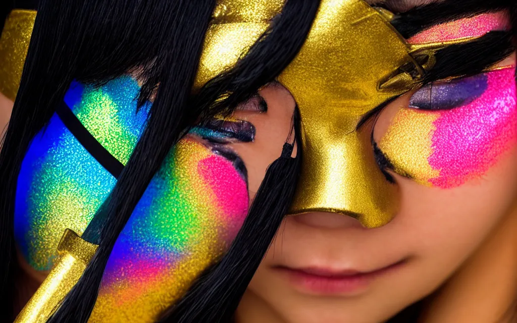 Prompt: japanese female ninja with mask and only eyes showing ; closeup goldenhour face photo with beautiful blue eyes with rainbow eyeshadow and ornate gold eyelashes, with rainbow light caustics