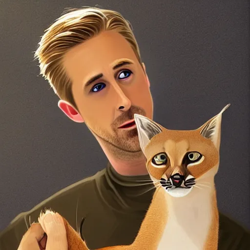 Prompt: Ryan Gosling holds a caracal cat in his hands, ultra highly detailed, smooth, sharp focus, digital art, digital painting, fan art, elegant, artstation