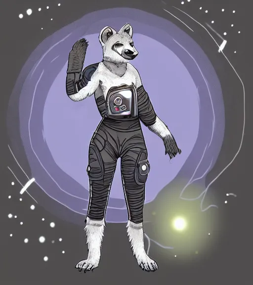 Image similar to full body digital artwork of anthromorphic female hyena, fursona, furry, furaffinity, deviantart, wearing space outfit, floating in space