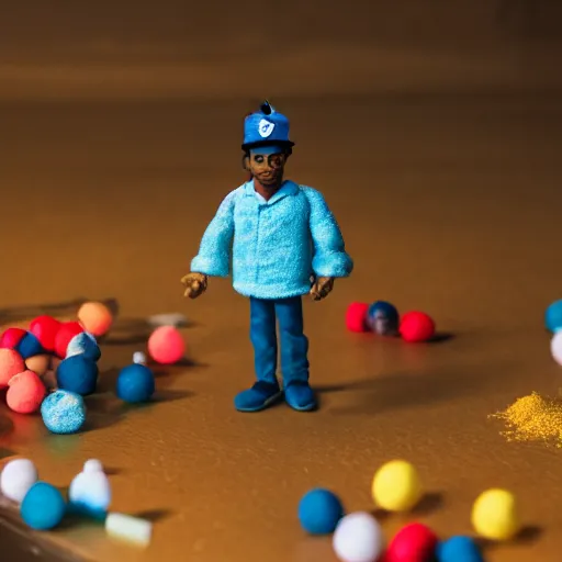 Image similar to a cinematic film still of a claymation stop motion film starring chance the rapper as a college student, shallow depth of field, 8 0 mm, f 1. 8