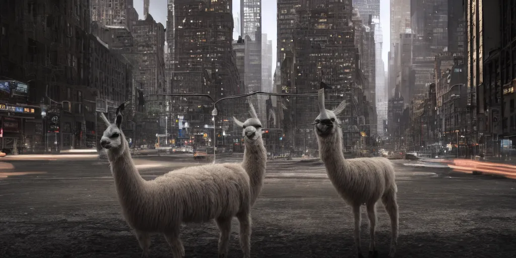 Image similar to a llama walking through a desolate manhattan city street at night, statue of liberty seen in the background, realistic 4 k octane beautifully detailed render, 4 k post - processing, highly detailed, detailed face, intricate complexity, epic composition, magical atmosphere, cinematic lighting, masterpiece, ultra hd