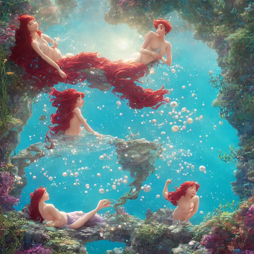 Prompt: the little mermaid sings in the colorful ocean, correct human body and perspective, pearls and shells, fantasy art by ferdinand knab, makoto shinkai and ilya kuvshinov, rossdraws, tom bagshaw, alphonse mucha, trending onstudio ghibli, radiant light, highly detailed, octane render, 8 k