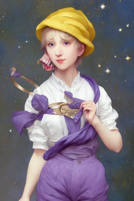 Image similar to Full View girl with short blond hair wearing an oversized purple Beret, Baggy Purple overall shorts, Short Puffy pants made of silk, silk shoes, a big billowy scarf, Golden Ribbon, and white leggings Covered in stars. Short Hair. masterpiece 4k digital illustration by Ruan Jia and Mandy Jurgens and Artgerm and william-adolphe bouguereau, award winning, Artstation, art nouveau aesthetic, Alphonse Mucha background, intricate details, realistic, panoramic view, Hyperdetailed, 8k resolution, intricate art nouveau