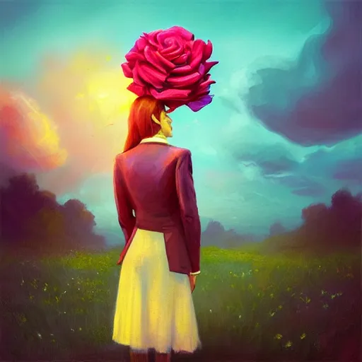 Image similar to giant rose flower head, frontal, girl in a suit, surreal photography, sunrise, dramatic light, impressionist painting, digital painting, artstation, simon stalenhag