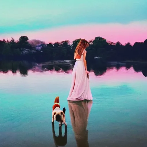 Image similar to a beautiful girl wearing white dresses beautiful face, clear facial features, walking with a dog, john martin landscape lake evening, pastel pink and blue colors