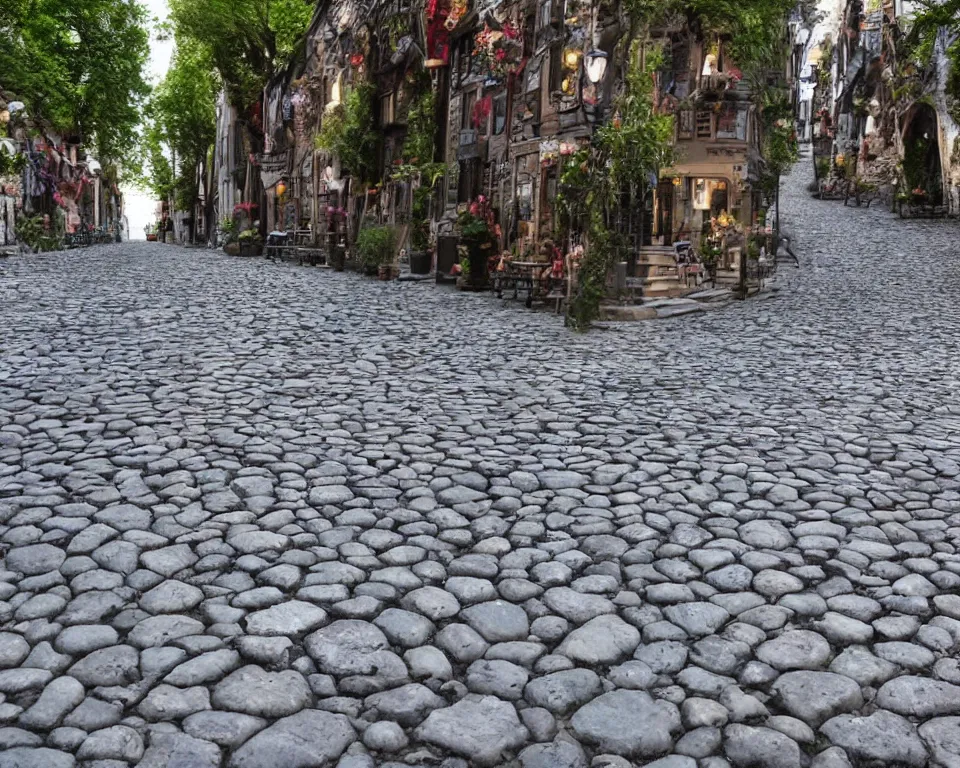 Image similar to cobblestone streets filled with fae, cobblestone, faerie, fanciful