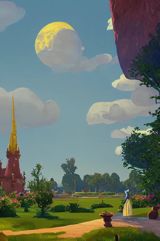 Image similar to distance view of the painted tower of the moon in its gardens fairytale illustration, tall windows, beautiful tilework, dramatic cinematic lighting, rich colors, golden age illustration, by Ludwig Deutsch and Nicholas Roerich and Sylvain Sarrailh and April Gornik ,unreal engine