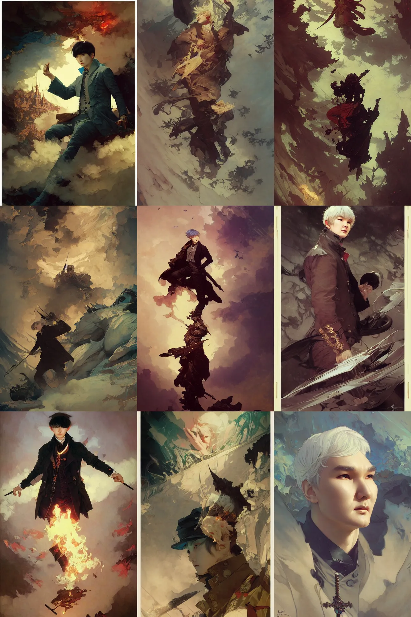 Prompt: min yoongi, art by joseph leyendecker, peter mohrbacher, ivan aivazovsky, ruan jia, reza afshar, marc simonetti, alphonse mucha