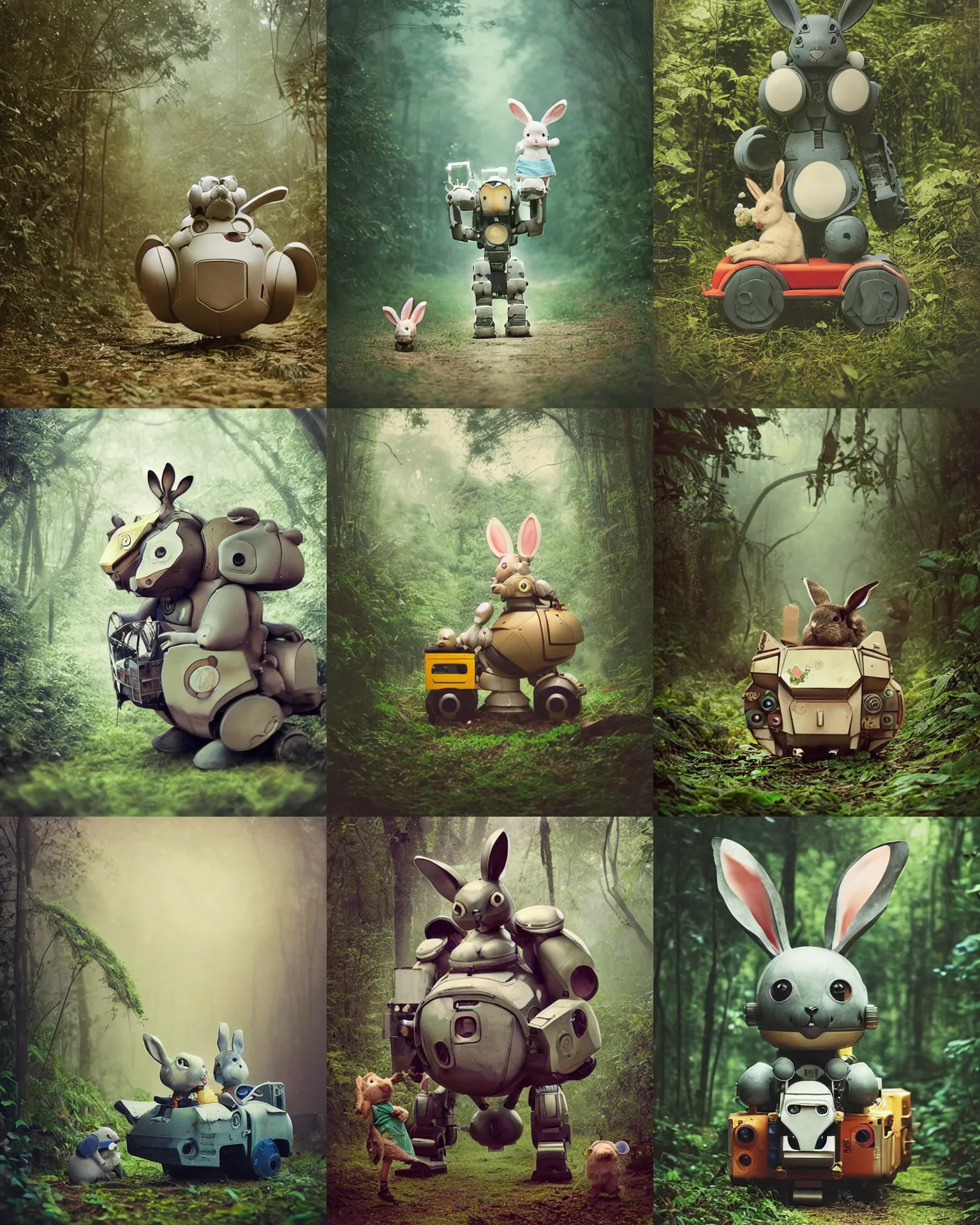 Prompt: epic battle pose !!!giant oversized battle rabbit robot chubby mech baby train cute with big ears and rabbit, on a jungle forest, full body , Cinematic focus, Polaroid photo, vintage , neutral dull colors, soft lights, foggy ,random weather, by oleg oprisco , by victor enrich