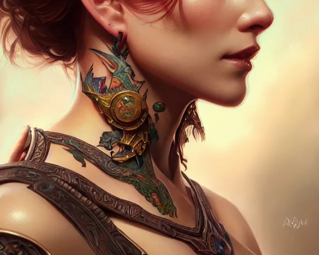 Prompt: neck tattoo, deep focus, d & d, fantasy, intricate, elegant, highly detailed, digital painting, artstation, concept art, matte, sharp focus, illustration, hearthstone, art by artgerm and greg rutkowski and alphonse mucha