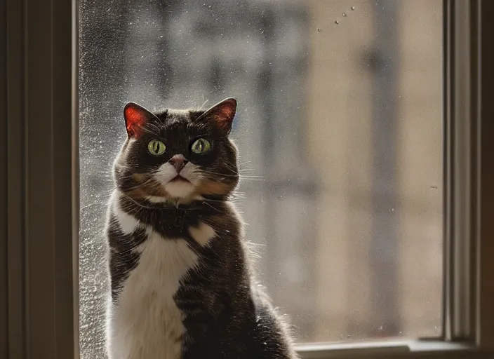 Image similar to photography of a Cat . watching outside the window while it rains. on a bed. in a room full of vinyls and posters, photorealistic, raining award winning photo, 100mm, sharp, high res