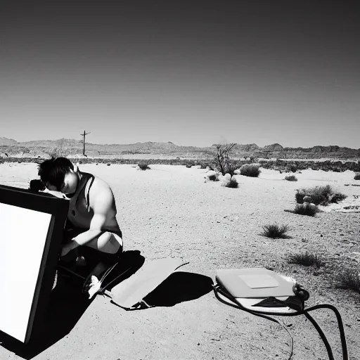 Prompt: jimin attempting to build a PC in the middle of the desert with no power supply. Frustrated confused black and white photo