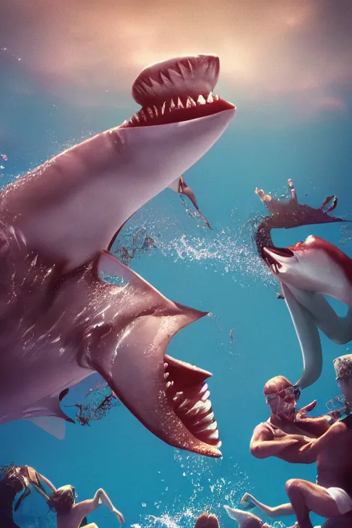 Image similar to summer swimming party, jaws, body horror, hyperdetailed octane render