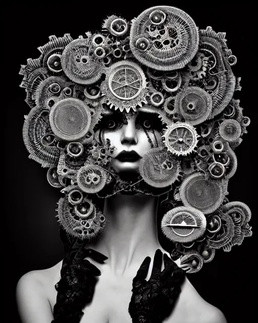 Image similar to surreal dark poetic black and white photo portrait of complex bio-mechanical beautiful young silver female vegetal-cyborg with a Mandelbrot fractal steampunk metal fine lace face, a very long neck and a fine metal floral foliage super big lace collar by Vivienne Westwood:: smoke, high fashion, haute couture, rococo, steampunk, avant-garde, silver filigree details, anatomical, facial muscles, cable wires, microchip, elegant, dreamy, foggy atmosphere, hyper realistic, 150 mm lens, soft rim light, octane render, unreal engine, picture was taken in 1910 by Man Ray, volumetric lighting, dramatic light,8k,