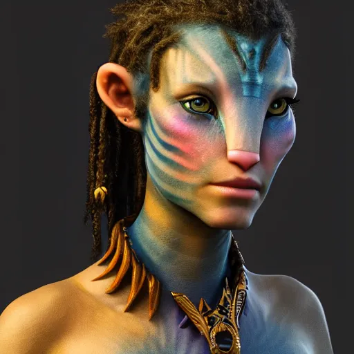 Image similar to portrait of a female na’vi from Avatar, digital art, highly detailed, award winning, concept art, intricate, sharp focus, Trending on Artstation HQ, unreal engine 5, 4K UHD image