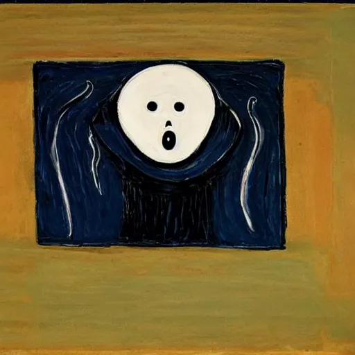 Prompt: the scream with a hat and raining on top of a hill