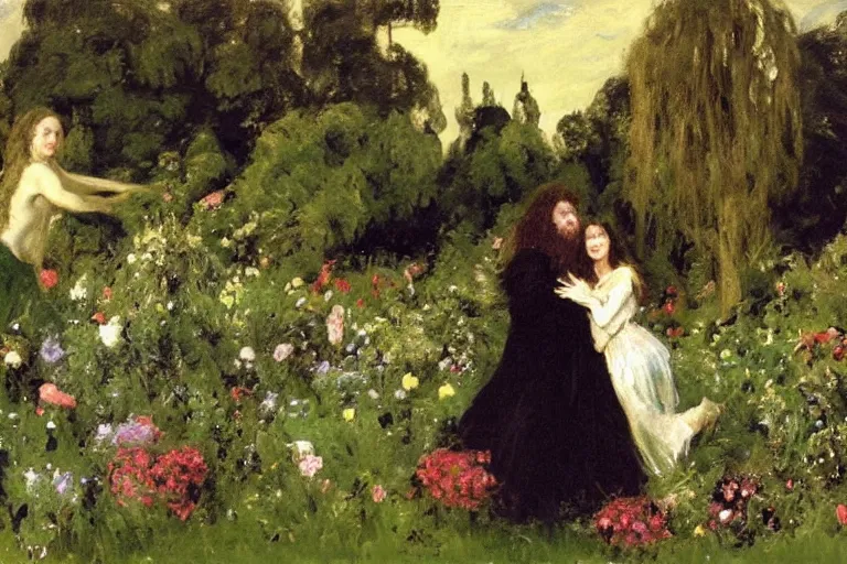 Image similar to hagrid and morticia addams frolicking in a field of various flowers, fairy garden, masterpiece, highly detailed, oil on canvas, art by walter sickert, john singer sargent, and william open