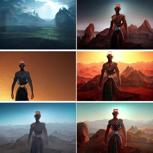 Image similar to a collage of four pictures with a man standing in the middle, a detailed matte painting by senior environment artist, behance, afrofuturism, matte painting, terragen, reimagined by industrial light and magic