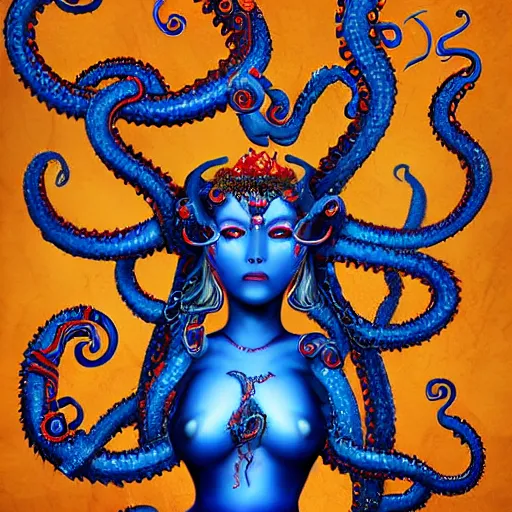 Image similar to kali is a goddess, she has blonde hair and blue eyes, and has the ability to form tentacles. 8 k fantasy art, highly detailed and intricate illustration