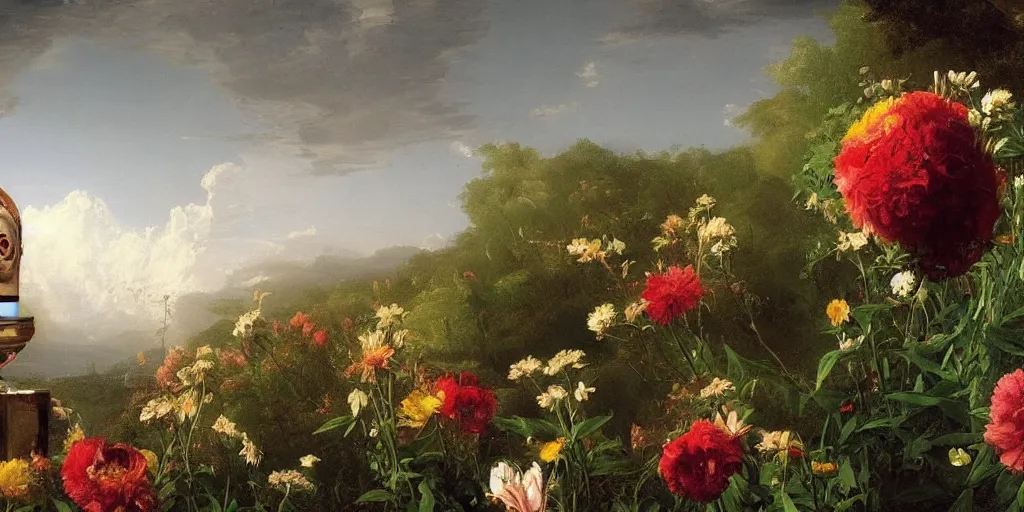 Image similar to a wide angle painting by Thomas Cole of a robot head with flowers growing out, highly detailed, masterpiece