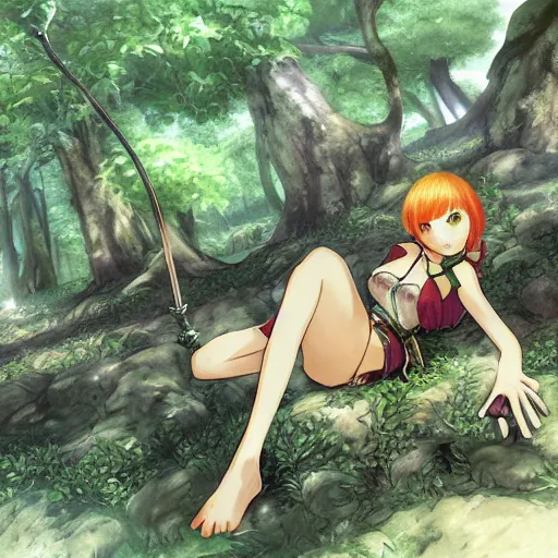 Prompt: a female knight resting in a glade, vanillaware artwork, george kamitani