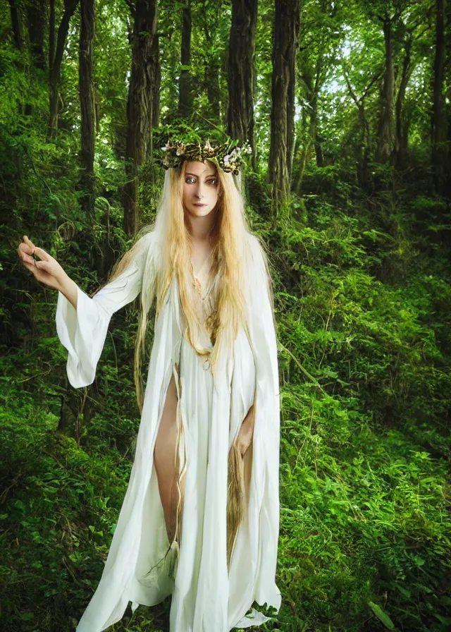 Prompt: young beautiful fey druid woman, full body portrait, long white hair, flower crown, long dark green robes, intricate, standing in a dark forest, sunbeams shining down, high fantasy, romanticism
