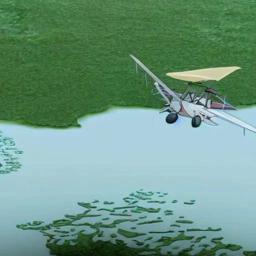 Image similar to a close - up detailed cell - shaded cartoon movie still from howl's moving castle ( 2 0 0 4 ) of a gyrocopter in a flooded rainforest valley. stonehenge is seen in the background with shafts of sunlight from above. very dull muted colors, hd, 4 k, hq