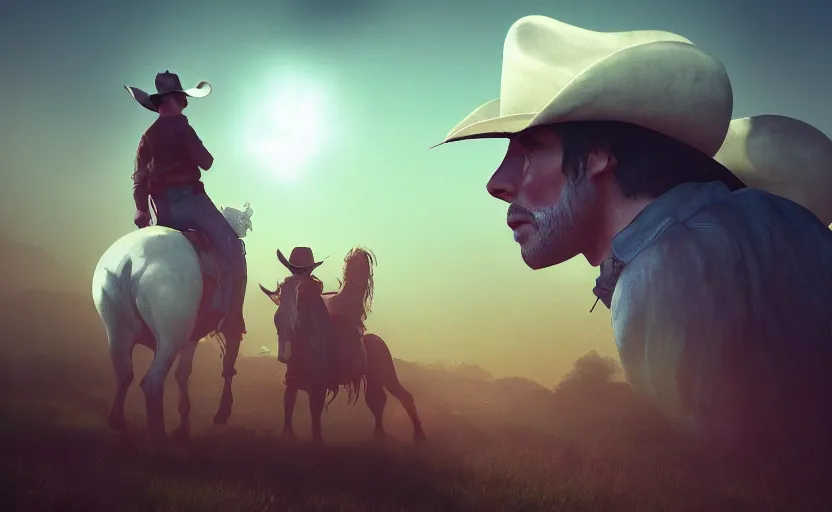 Image similar to cowboy dream, two suns, gloomy, fog, elaborate, detailed digital art, trending in artstation, purple color lighting