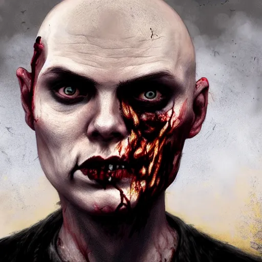 Prompt: head portrait of young and handsome billy corgan as a zombie, 7 days to die zombie, gritty background, fine art, award winning, intricate, elegant, sharp focus, cinematic lighting, digital painting, 8 k concept art, art by michael hussar, art by brom, art by guweiz and z. w. gu, 8 k