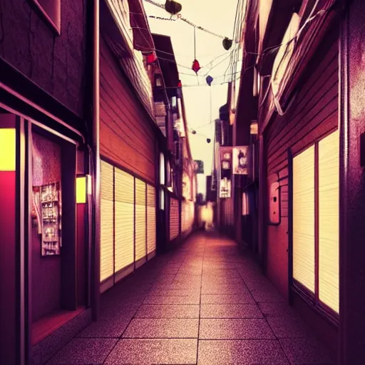 Prompt: Japanese alleyway at night, with a vending machine and powerlines hanging above. Realistic Artstation