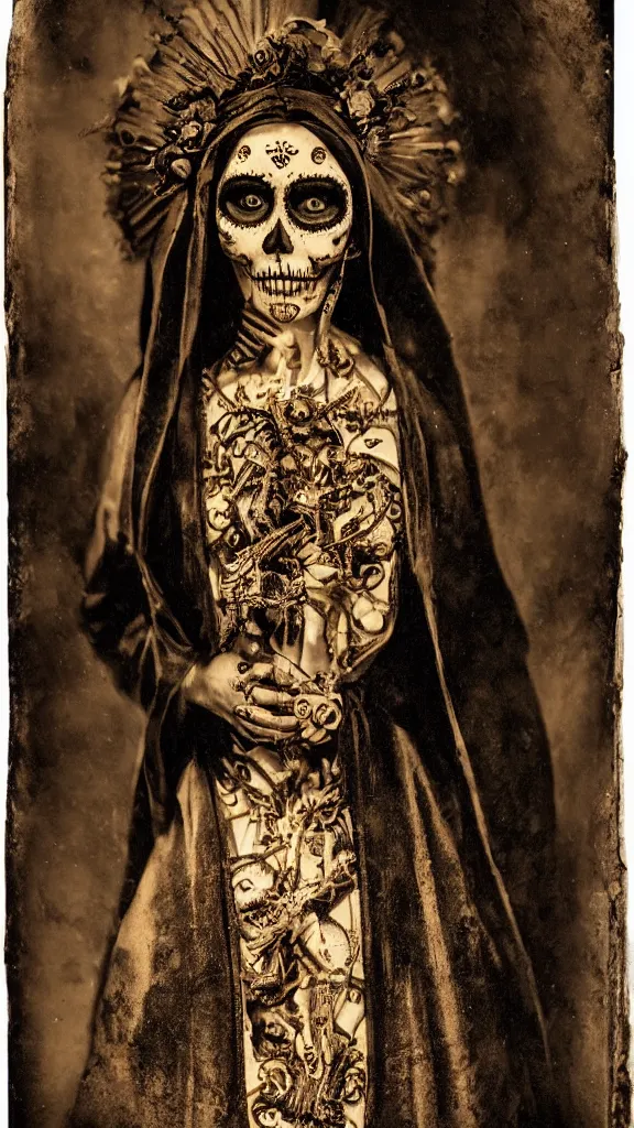 Image similar to tintype full body view, virgin mary in dia de muertos dress and make up, horrific beautiful vibe, evocative, atmospheric lighting, painted, intricate, highly detailed,