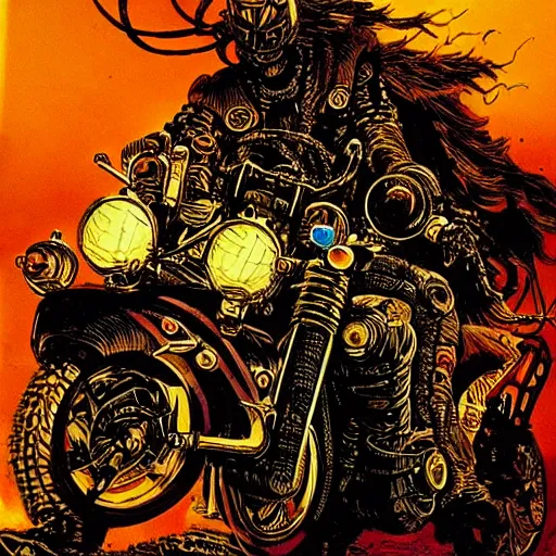 Image similar to infernal motorbikers, atmospheric lighting, painted, intricate, golden hour, ultra detailed by philippe druillet
