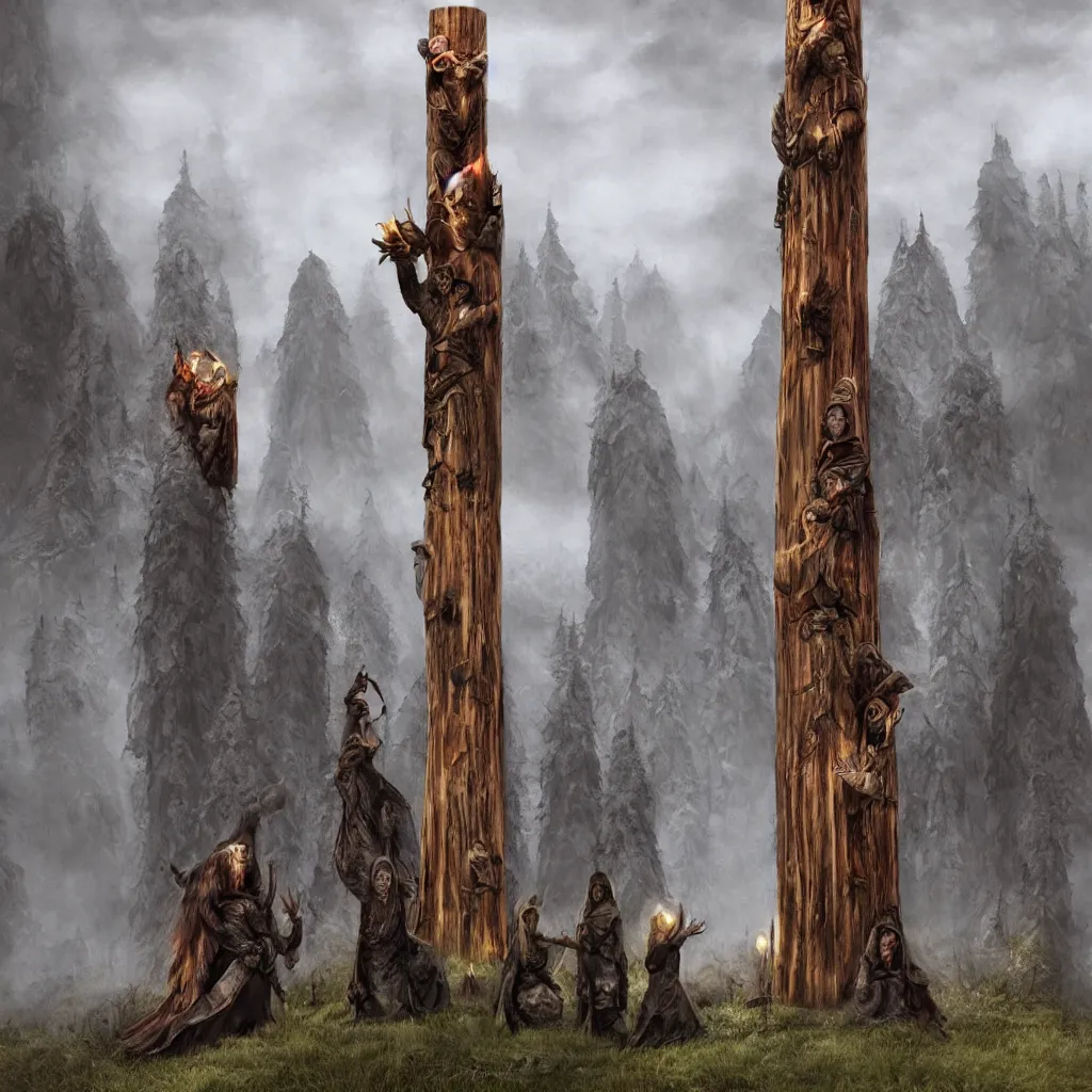 Prompt: evil druids performing a ritual around a tall wooden totem, on a hill, a detailed matte painting, fantasy, foggy