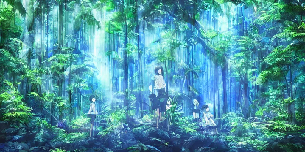 Image similar to blue spirits in a rainforest. anime art style