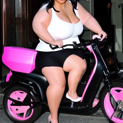 Image similar to a paparazzi photo of extremely obese Kim Kardashian riding a pink moped, her mouth is wide open, award winning